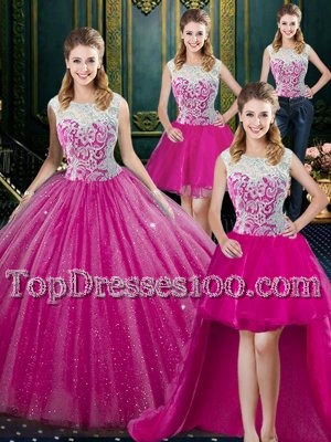 Super Four Piece Floor Length Zipper Sweet 16 Quinceanera Dress Fuchsia and In for Military Ball and Sweet 16 and Quinceanera with Lace
