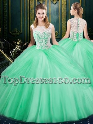 Enchanting Scoop Floor Length Zipper Vestidos de Quinceanera Apple Green and In for Military Ball and Sweet 16 and Quinceanera with Lace and Pick Ups