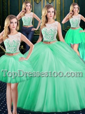 Edgy Four Piece Apple Green Quinceanera Dresses Military Ball and Sweet 16 and Quinceanera and For with Lace and Pick Ups Scoop Sleeveless Zipper