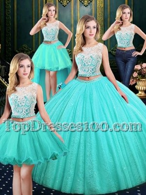 Modern Four Piece Scoop Sleeveless Vestidos de Quinceanera Floor Length Lace and Sequins Blue Tulle and Sequined