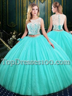 Enchanting Scoop Lace and Sequins 15th Birthday Dress Blue Lace Up Sleeveless Floor Length