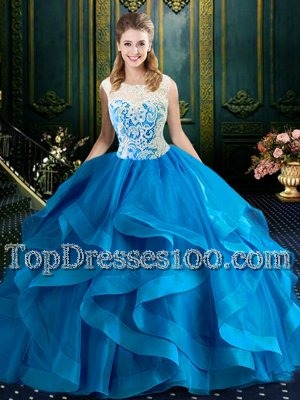 Blue Ball Gowns Scoop Sleeveless Tulle With Brush Train Zipper Lace Quinceanera Dresses