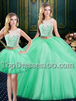 Glorious Three Piece Scoop Floor Length Lace Up Quinceanera Dress Apple Green and In for Military Ball and Sweet 16 and Quinceanera with Lace and Pick Ups
