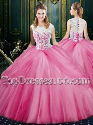 Scoop Sleeveless Floor Length Lace and Pick Ups Zipper Quinceanera Dresses with Rose Pink