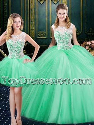 Three Piece Apple Green Scoop Lace Up Lace and Pick Ups Quinceanera Dress Sleeveless