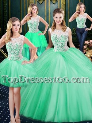 Four Piece Scoop Apple Green Zipper Sweet 16 Quinceanera Dress Lace and Pick Ups Sleeveless Floor Length