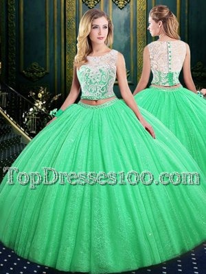 Stunning Scoop Sleeveless Tulle and Sequined Floor Length Lace Up Quinceanera Gown in for with Lace and Sequins