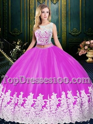 Amazing Fuchsia Quinceanera Dresses Military Ball and Sweet 16 and Quinceanera and For with Lace and Appliques Scoop Sleeveless Zipper