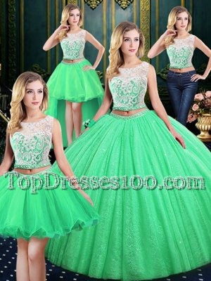Noble Four Piece Scoop Sleeveless Floor Length Lace and Sequins Lace Up Sweet 16 Dress