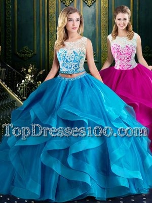 Scoop Tulle Sleeveless With Train 15th Birthday Dress Brush Train and Lace and Ruffles