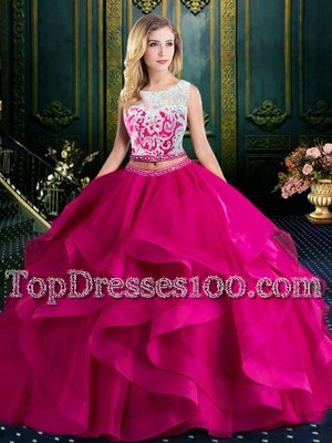 Colorful Scoop Fuchsia Tulle Lace Up Sweet 16 Dress Sleeveless With Brush Train Lace and Ruffles