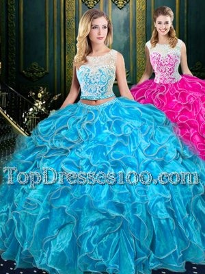 Scoop Baby Blue Sleeveless Organza Zipper Sweet 16 Dress for Military Ball and Sweet 16 and Quinceanera