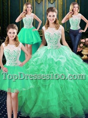 Traditional Four Piece Scoop Green Organza Zipper Quinceanera Gowns Sleeveless Floor Length Lace and Ruffles