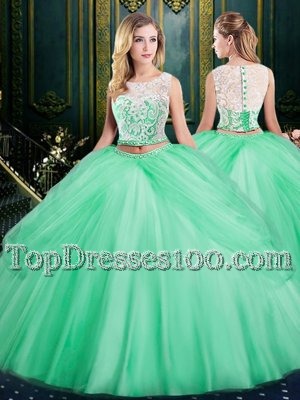 Apple Green Two Pieces Scoop Sleeveless Satin and Tulle Floor Length Zipper Lace and Pick Ups Quinceanera Gown