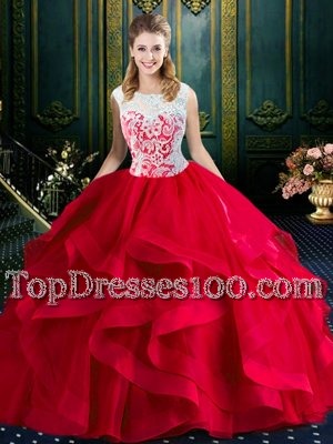 Brush Train Ball Gowns Quinceanera Dress Red Square Tulle Sleeveless With Train Zipper