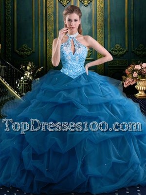 New Arrival Halter Top Tulle Sleeveless Floor Length 15 Quinceanera Dress and Beading and Pick Ups