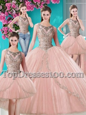 Suitable Four Piece Scoop Peach Sleeveless Beading and Appliques Floor Length 15 Quinceanera Dress