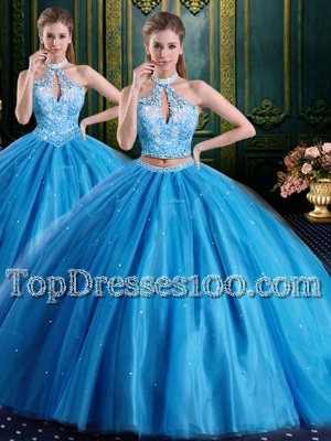 Baby Blue Lace Up High-neck Beading and Appliques 15th Birthday Dress Tulle Sleeveless