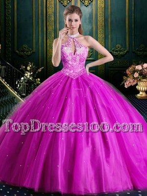 Adorable Halter Top Floor Length Ball Gowns Sleeveless Fuchsia 15 Quinceanera Dress Lace Up