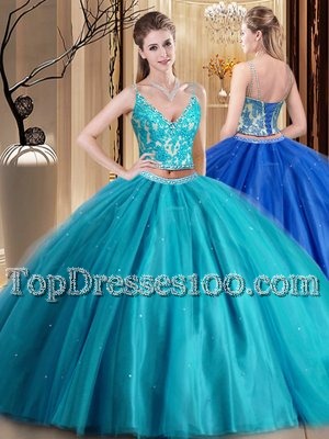 Adorable Teal Two Pieces Beading and Lace and Appliques 15 Quinceanera Dress Lace Up Tulle Sleeveless Floor Length