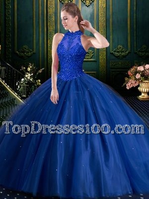 Elegant Royal Blue Sleeveless Floor Length Appliques Lace Up Ball Gown Prom Dress