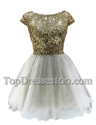 Cap Sleeves Mini Length Sequins Zipper Evening Party Dresses with White