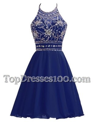 Modest Halter Top Beading Club Wear Navy Blue Zipper Sleeveless Knee Length