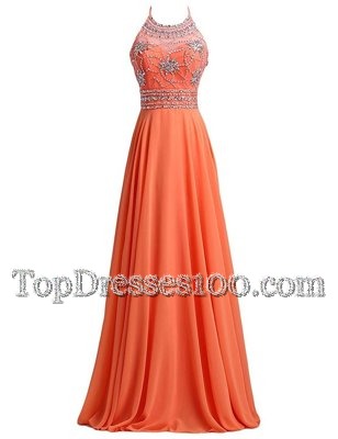 Scoop Orange Red Sleeveless Beading and Belt Zipper Prom Dress