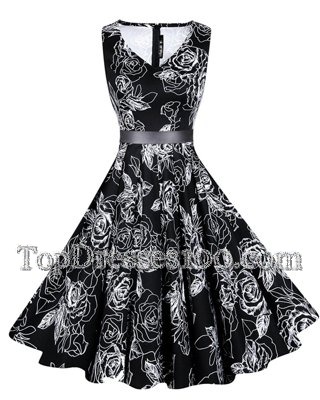 Black Chiffon Zipper V-neck Sleeveless Knee Length Cocktail Dress Sashes|ribbons and Pattern