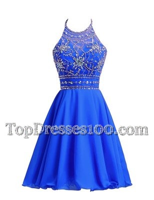 Halter Top Sleeveless Cocktail Dress Knee Length Beading Royal Blue Chiffon