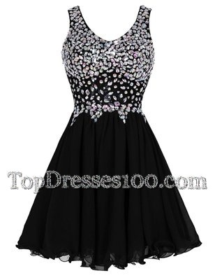 Black Chiffon Zipper Straps Sleeveless Knee Length Party Dress Beading