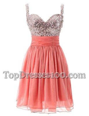Comfortable Straps Sleeveless Evening Outfits Knee Length Beading Watermelon Red Chiffon