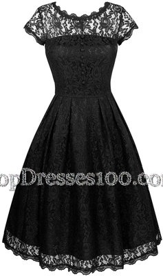 Modest Chiffon Scalloped Short Sleeves Zipper Lace Party Dress for Toddlers in Black