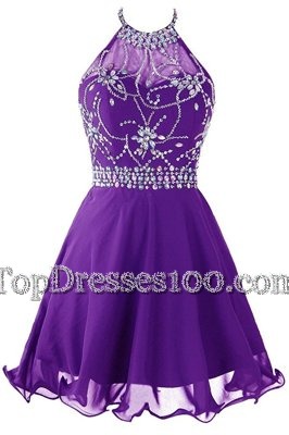 Cute Organza Halter Top Sleeveless Zipper Beading Cocktail Dresses in Purple