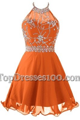 Colorful Orange A-line Halter Top Sleeveless Organza Mini Length Zipper Beading Party Dresses