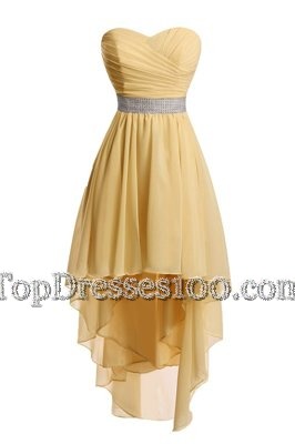 High Low Empire Sleeveless Gold Prom Dresses Lace Up
