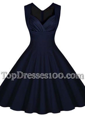 Admirable Sleeveless Knee Length Ruching Zipper Cocktail Dresses with Navy Blue