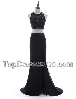Simple Scoop Black Two Pieces Beading and Lace Dress for Prom Side Zipper Chiffon Sleeveless With Train