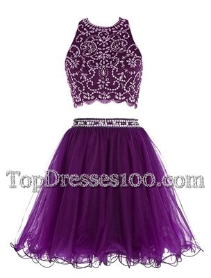 Scoop Sleeveless Cocktail Dresses Mini Length Beading Purple Chiffon