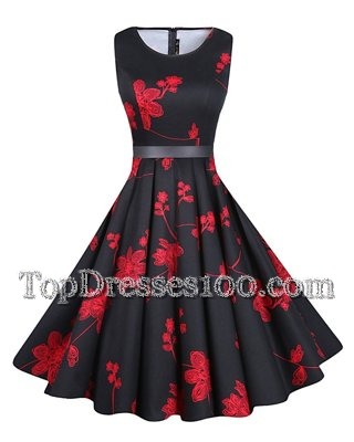 Dynamic Scoop Sleeveless Chiffon Knee Length Zipper Party Dresses in Red And Black for with Sashes|ribbons and Pattern