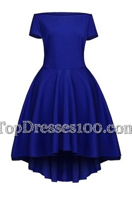 Blue A-line Bateau Short Sleeves Satin Tea Length Side Zipper Ruching Prom Dresses