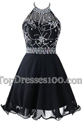 Great Black Scoop Zipper Beading and Belt Party Dresses Sleeveless