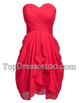 Coral Red Chiffon Lace Up Party Dress for Toddlers Sleeveless Knee Length Ruching