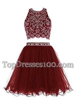 High End Mini Length Burgundy Party Dress for Girls Scoop Sleeveless Clasp Handle