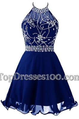 Fashion Halter Top Mini Length Zipper Custom Made Royal Blue and In for Prom and Party with Beading
