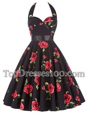 Red And Black Halter Top Neckline Sashes|ribbons and Pattern Party Dress Wholesale Sleeveless Zipper