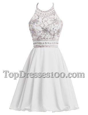 Classical A-line Party Dress for Toddlers White Halter Top Chiffon Sleeveless Knee Length Zipper