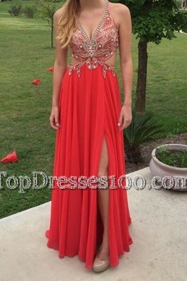 Sleeveless Floor Length Beading Backless Prom Evening Gown with Red