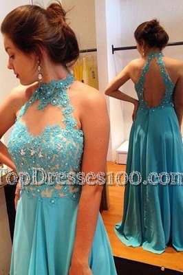 Scoop Chiffon Sleeveless Prom Dress Sweep Train and Beading and Appliques