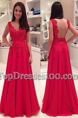 Red A-line Lace Prom Gown Backless Chiffon Sleeveless Floor Length